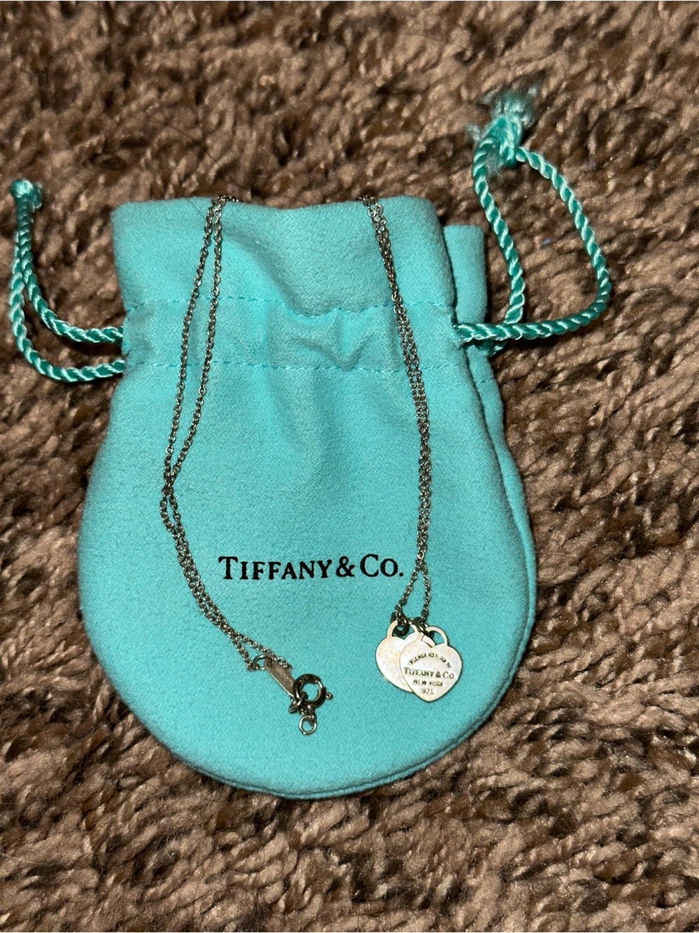 Tiffany Double Heart Tag Necklace with Tiffany Blue bag